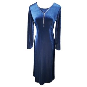 Vintage Maxi Gown Dress Med Blue Velvet Velour Rheinstone Necklace 80's Y2K